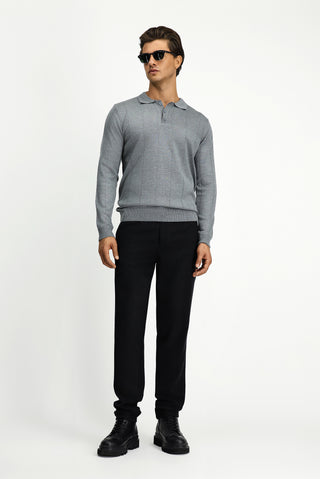  Orta Gri Melanj Polo Yaka Regular Fit Desenli Triko Kazak