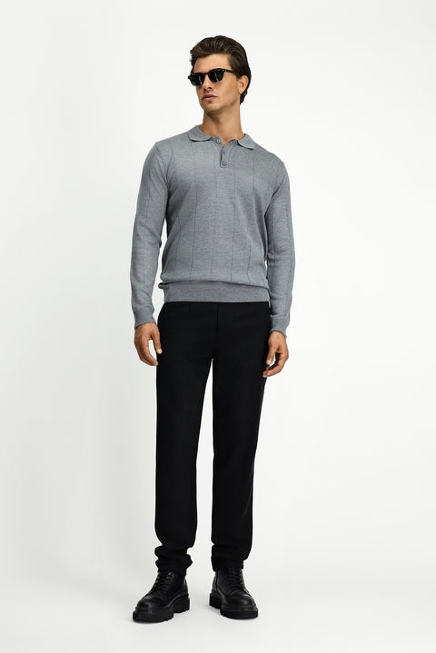 Orta Gri Melanj Polo Yaka Düğmeli Regular Fit Çizgili Triko Kazak