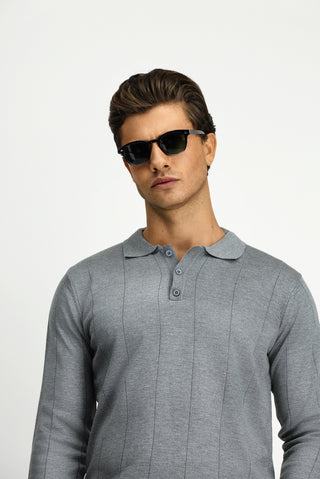  Orta Gri Melanj Polo Yaka Regular Fit Desenli Triko Kazak