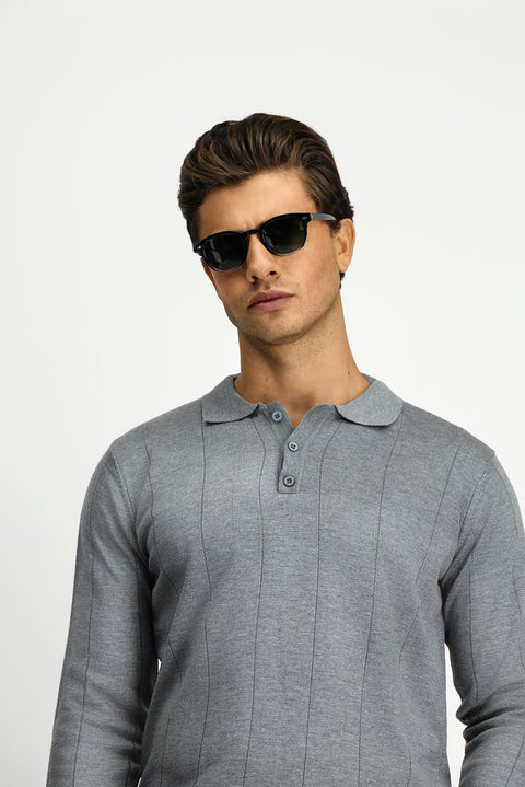 Orta Gri Melanj Polo Yaka Düğmeli Regular Fit Çizgili Triko Kazak