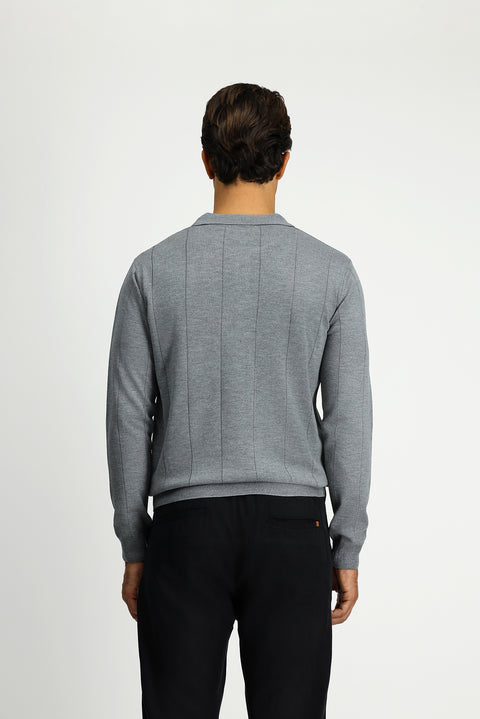 Orta Gri Melanj Polo Yaka Düğmeli Regular Fit Çizgili Triko Kazak