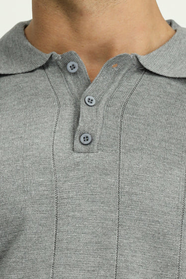 Orta Gri Melanj Polo Yaka Regular Fit Desenli Triko Kazak