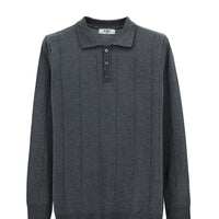 Orta Füme Melanj Polo Yaka Düğmeli Regular Fit Çizgili Triko Kazak