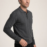 Medium Gray Melange Polo Collar Button-Down Regular Fit Striped Knit Sweater