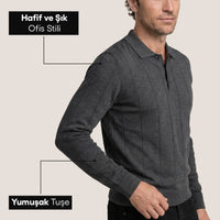 Orta Füme Melanj Polo Yaka Düğmeli Regular Fit Çizgili Triko Kazak