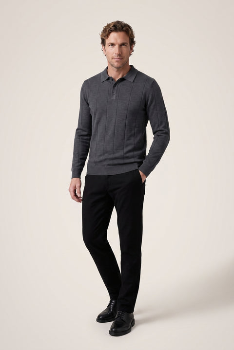 Medium Gray Melange Polo Collar Button-Down Regular Fit Striped Knit Sweater