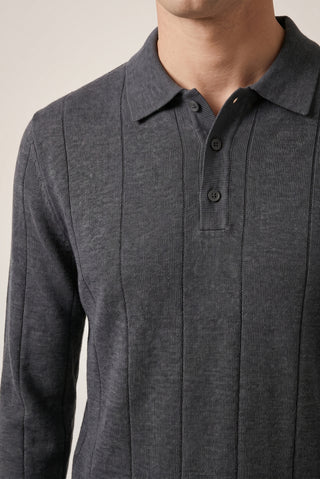  Orta Füme Melanj Polo Yaka Düğmeli Regular Fit Çizgili Triko Kazak