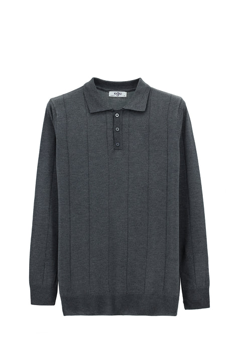 Medium Gray Melange Polo Collar Button-Down Regular Fit Striped Knit Sweater