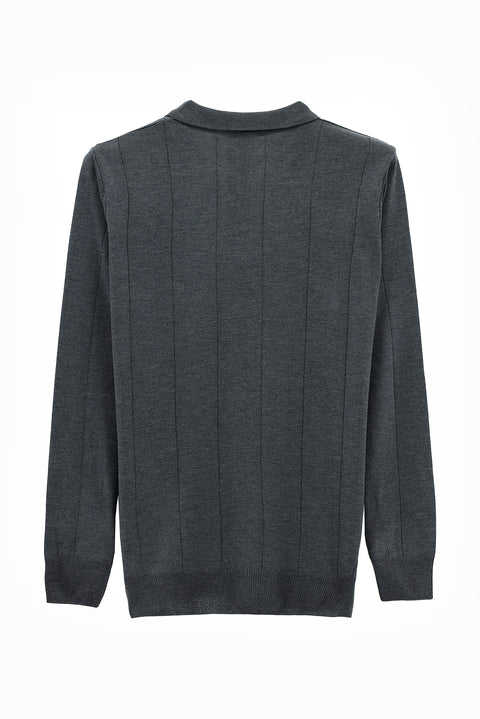 Medium Gray Melange Polo Collar Button-Down Regular Fit Striped Knit Sweater
