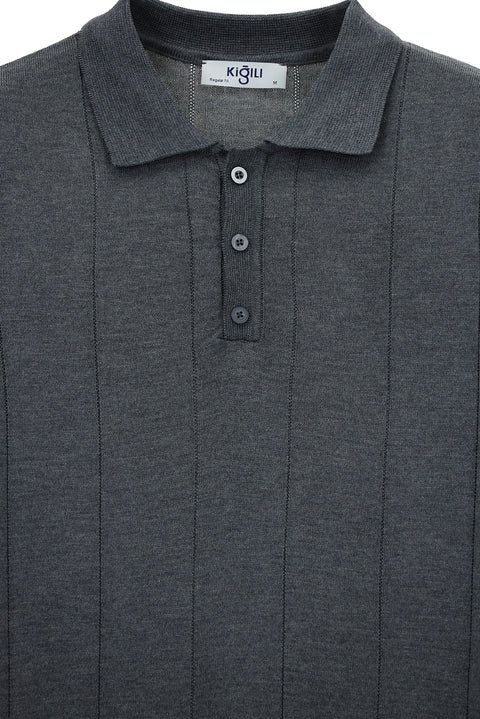 Medium Gray Melange Polo Collar Button-Down Regular Fit Striped Knit Sweater