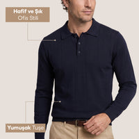 Koyu Lacivert Polo Yaka Düğmeli Regular Fit Çizgili Triko Kazak