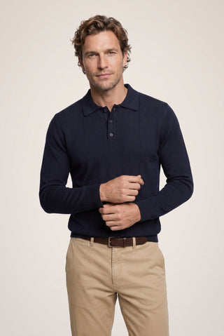  Koyu Lacivert Polo Yaka Düğmeli Regular Fit Çizgili Triko Kazak