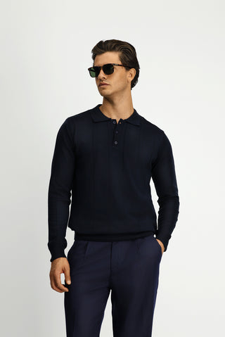  Koyu Lacivert Polo Yaka Regular Fit Desenli Triko Kazak