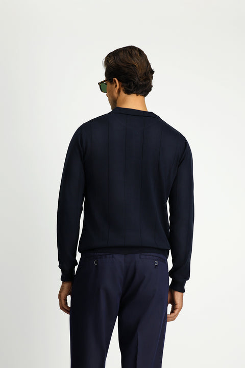 Koyu Lacivert Polo Yaka Düğmeli Regular Fit Çizgili Triko Kazak