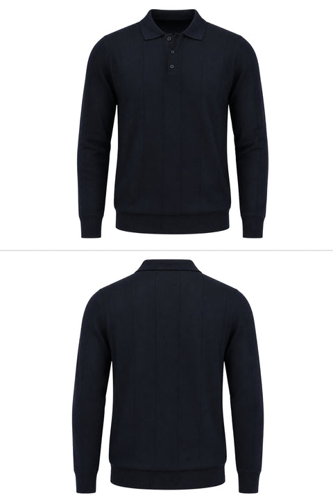 Koyu Lacivert Polo Yaka Düğmeli Regular Fit Çizgili Triko Kazak