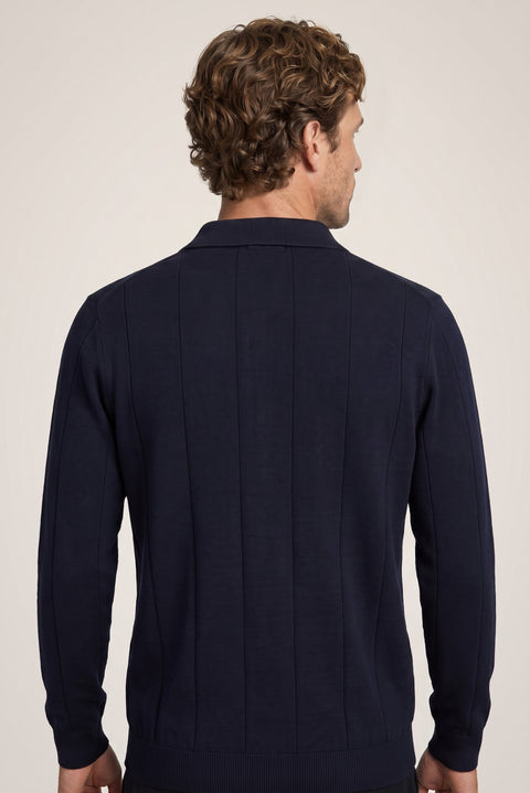Dark Navy Polo Collar Button-Down Regular Fit Striped Knit Sweater