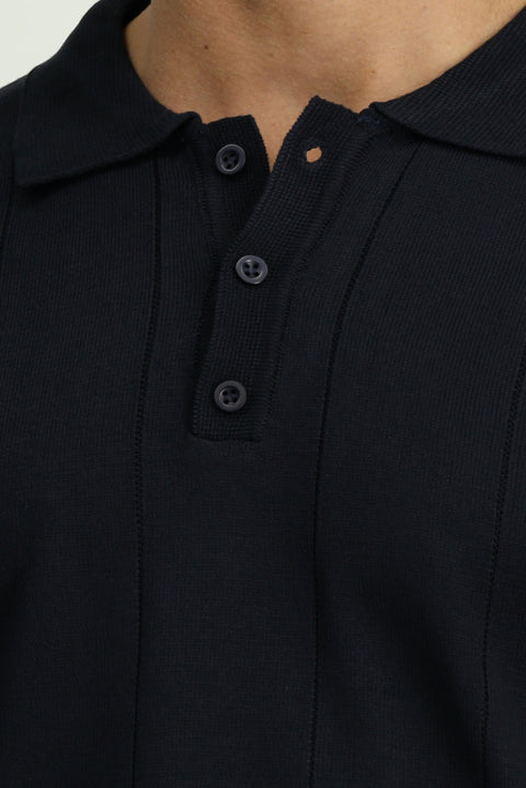 Koyu Lacivert Polo Yaka Düğmeli Regular Fit Çizgili Triko Kazak