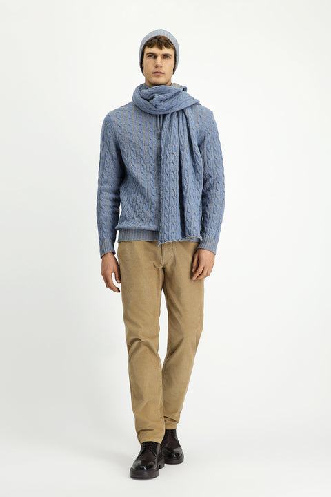 Açık Mavi Melanj Yarım Balıkçı Yaka Regular Fit Fermuarlı Desenli Örme Yünlü Triko Kazak