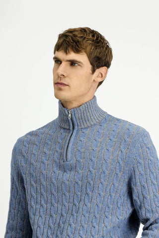  Açık Mavi Melanj Yarım Balıkçı Yaka Regular Fit Desenli Yünlü Triko Kazak