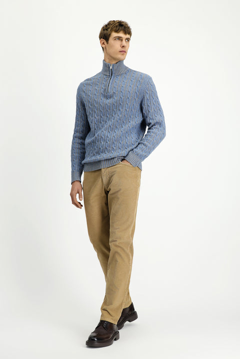 Açık Mavi Melanj Yarım Balıkçı Yaka Regular Fit Fermuarlı Desenli Örme Yünlü Triko Kazak