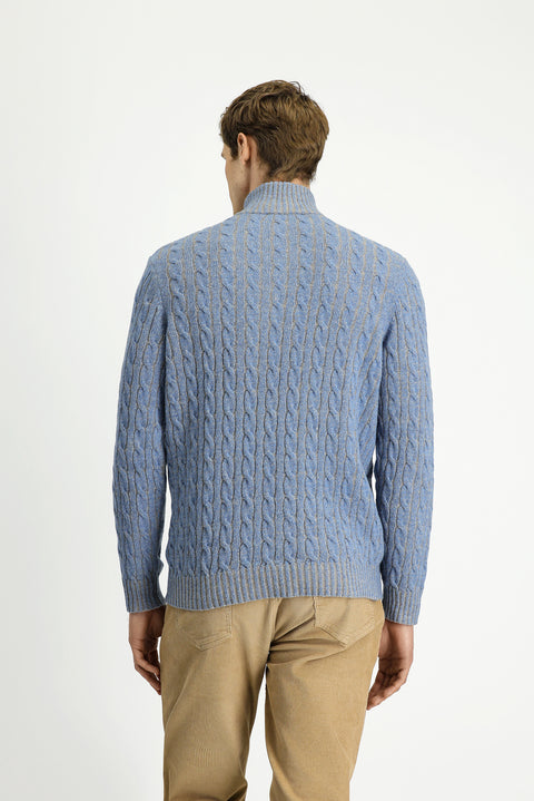 Açık Mavi Melanj Yarım Balıkçı Yaka Regular Fit Fermuarlı Desenli Örme Yünlü Triko Kazak
