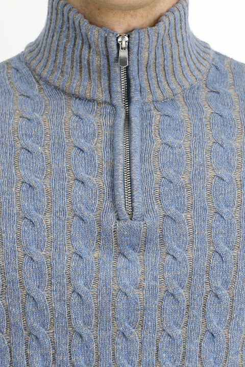 Açık Mavi Melanj Yarım Balıkçı Yaka Regular Fit Fermuarlı Desenli Örme Yünlü Triko Kazak