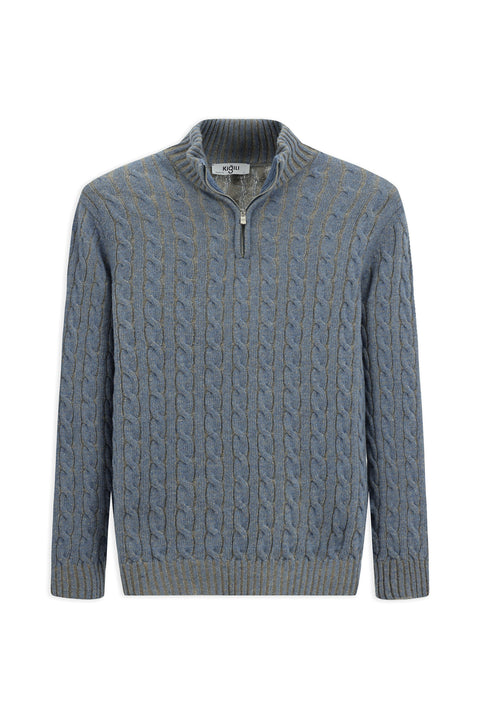 Açık Mavi Melanj Yarım Balıkçı Yaka Regular Fit Fermuarlı Desenli Örme Yünlü Triko Kazak