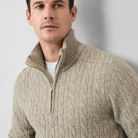 Orta Bej Yarım Balıkçı Yaka Regular Fit Fermuarlı Desenli Örme Yünlü Triko Kazak