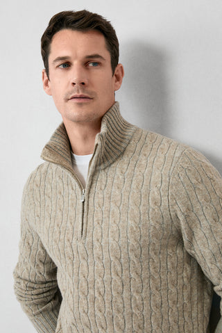  Orta Bej Yarım Balıkçı Yaka Regular Fit Fermuarlı Desenli Örme Yünlü Triko Kazak