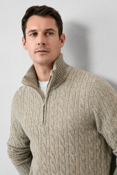 Orta Bej Yarım Balıkçı Yaka Regular Fit Fermuarlı Desenli Örme Yünlü Triko Kazak