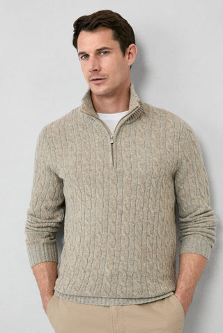  Orta Bej Yarım Balıkçı Yaka Regular Fit Fermuarlı Desenli Örme Yünlü Triko Kazak