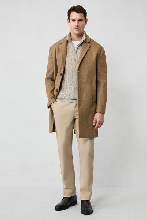 Orta Bej Yarım Balıkçı Yaka Regular Fit Fermuarlı Desenli Örme Yünlü Triko Kazak