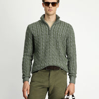 Küf Yeşili Yarım Balıkçı Yaka Regular Fit Fermuarlı Desenli Örme Yünlü Triko Kazak