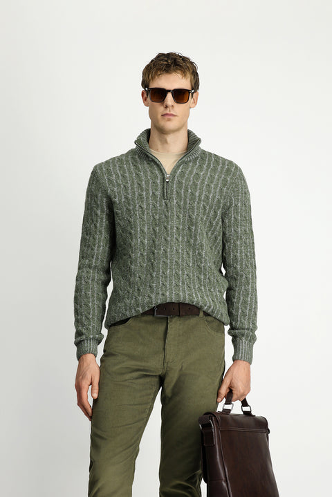 Küf Yeşili Yarım Balıkçı Yaka Regular Fit Fermuarlı Desenli Örme Yünlü Triko Kazak