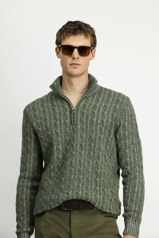  Küf Yeşili Yarım Balıkçı Yaka Regular Fit Fermuarlı Desenli Örme Yünlü Triko Kazak