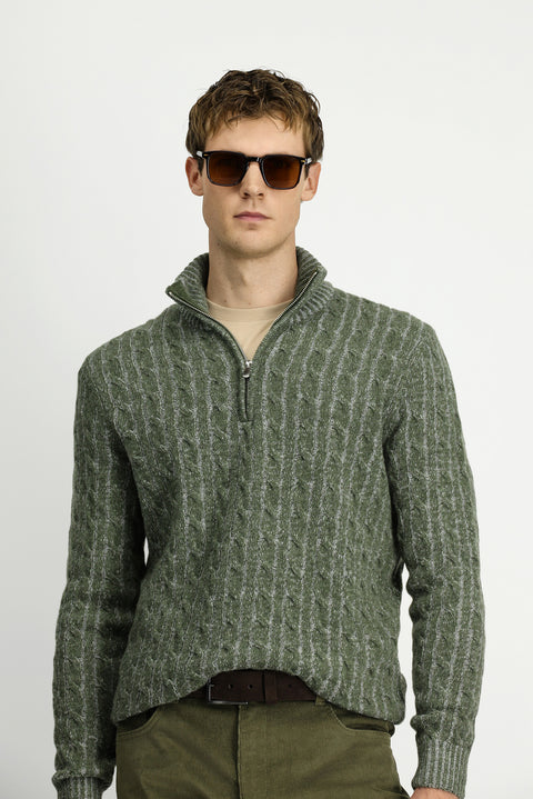 Küf Yeşili Yarım Balıkçı Yaka Regular Fit Fermuarlı Desenli Örme Yünlü Triko Kazak