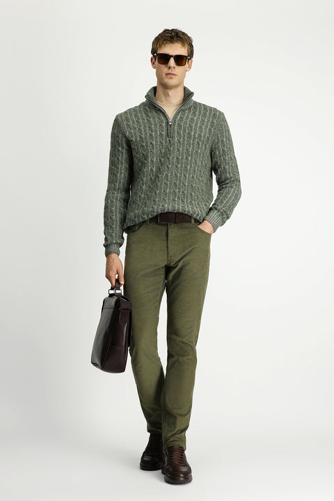 Küf Yeşili Yarım Balıkçı Yaka Regular Fit Fermuarlı Desenli Örme Yünlü Triko Kazak