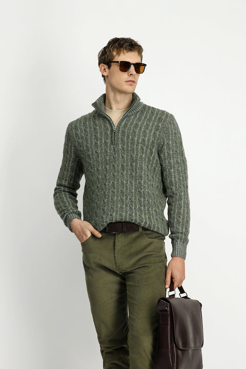 Küf Yeşili Yarım Balıkçı Yaka Regular Fit Fermuarlı Desenli Örme Yünlü Triko Kazak