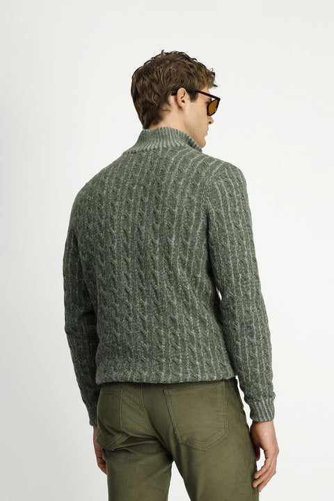 Küf Yeşili Yarım Balıkçı Yaka Regular Fit Fermuarlı Desenli Örme Yünlü Triko Kazak