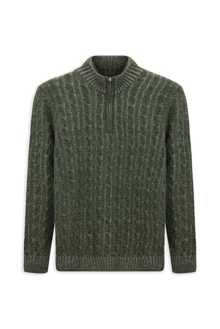  Küf Yeşili Yarım Balıkçı Yaka Regular Fit Fermuarlı Desenli Örme Yünlü Triko Kazak