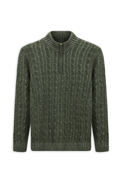 Küf Yeşili Yarım Balıkçı Yaka Regular Fit Fermuarlı Desenli Örme Yünlü Triko Kazak