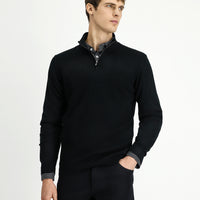 Siyah Yarım Balıkçı Yaka Regular Fit Desenli Fermuarlı Yünlü Triko Kazak