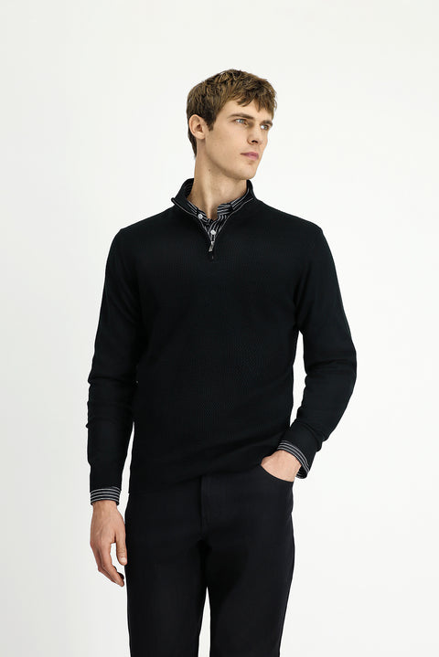 Siyah Yarım Balıkçı Yaka Regular Fit Desenli Fermuarlı Yünlü Triko Kazak