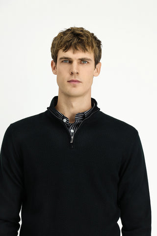  Siyah Yarım Balıkçı Yaka Regular Fit Desenli Fermuarlı Yünlü Triko Kazak