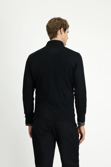 Siyah Yarım Balıkçı Yaka Regular Fit Desenli Fermuarlı Yünlü Triko Kazak