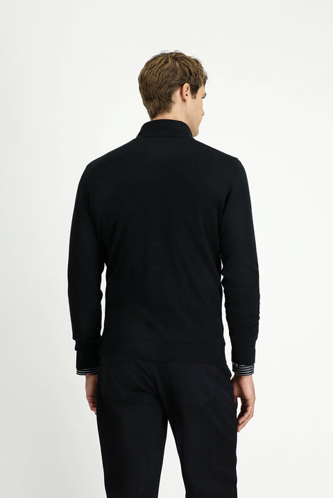 Siyah Yarım Balıkçı Yaka Regular Fit Desenli Fermuarlı Yünlü Triko Kazak