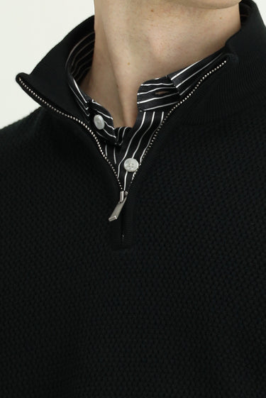 Siyah Yarım Balıkçı Yaka Regular Fit Desenli Fermuarlı Yünlü Triko Kazak