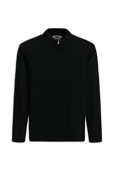 Siyah Yarım Balıkçı Yaka Regular Fit Desenli Fermuarlı Yünlü Triko Kazak