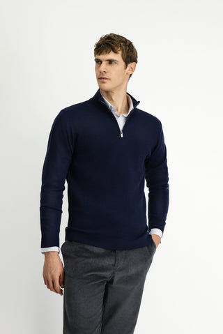  Koyu Lacivert Yarım Balıkçı Yaka Regular Fit Desenli Fermuarlı Yünlü Triko Kazak