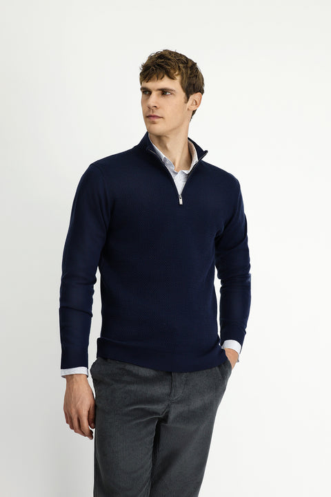 Koyu Lacivert Yarım Balıkçı Yaka Regular Fit Desenli Fermuarlı Yünlü Triko Kazak